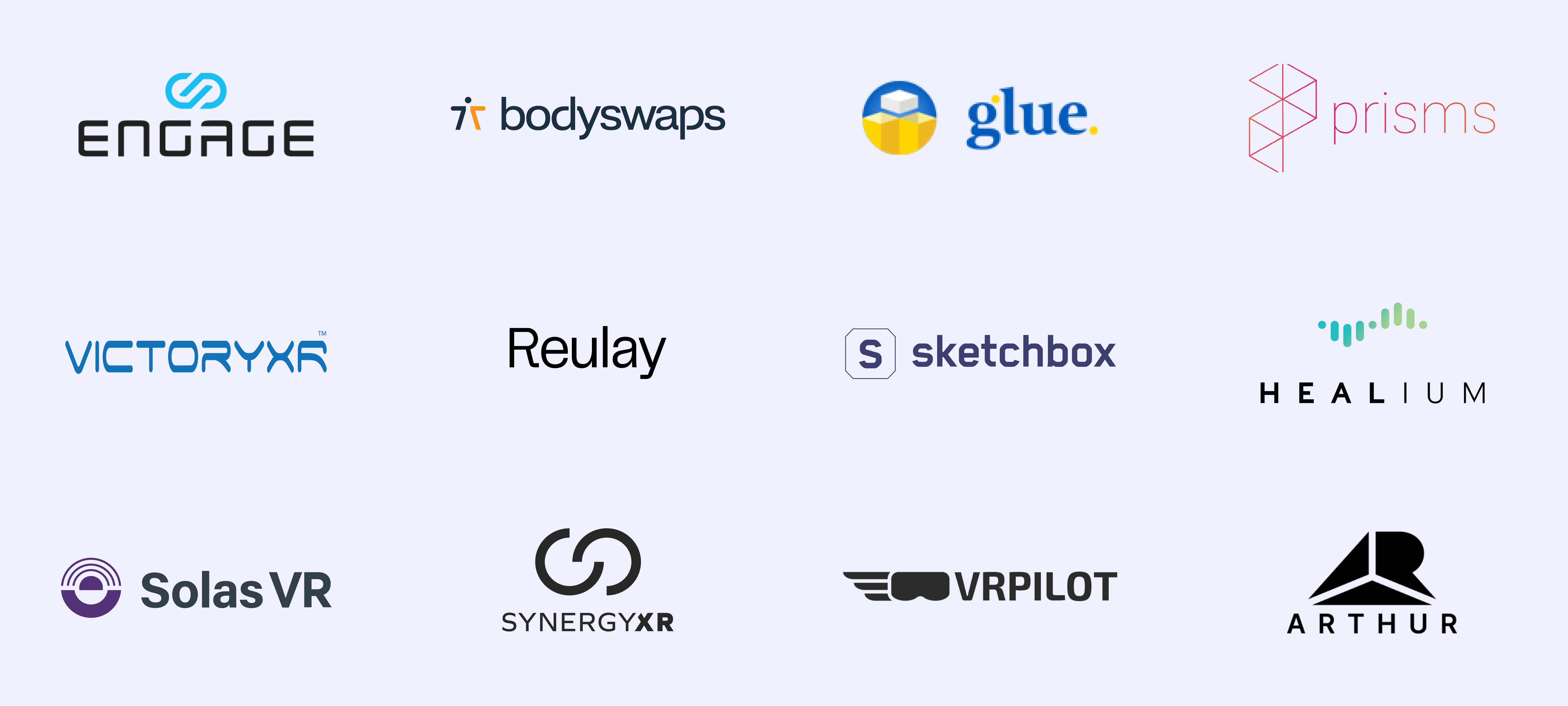 Collage of partner logos including engage, bodyswaps, glue, prisms, victoryxr, reulay, sketchbox, healium, solasvr, synergy xr, vrpilot, and arthur